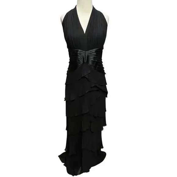 Tadashi Shoji Y2K Halter Dress 12 Black Silk Tiered Layer Cocktail Gown Romantic - Picture 1 of 16
